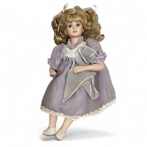 Blonde Curly Hair Porcelain Doll Light Complexion Lavender Dress White Shoes 16”